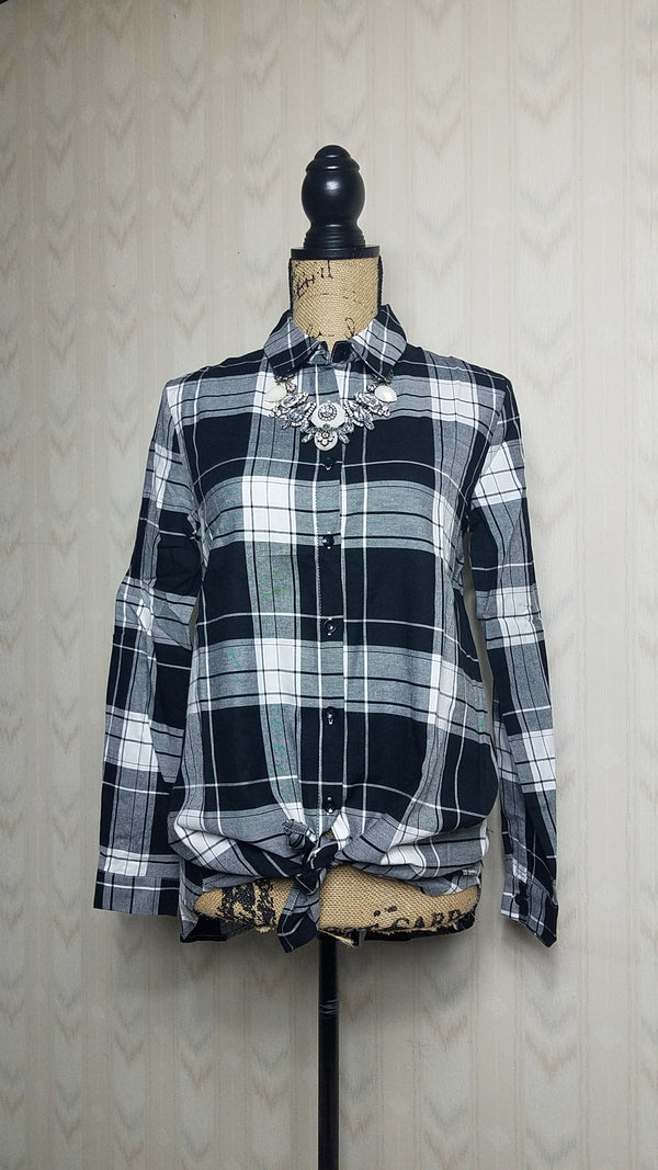 Ashley Black and White Plaid Button-Up Top